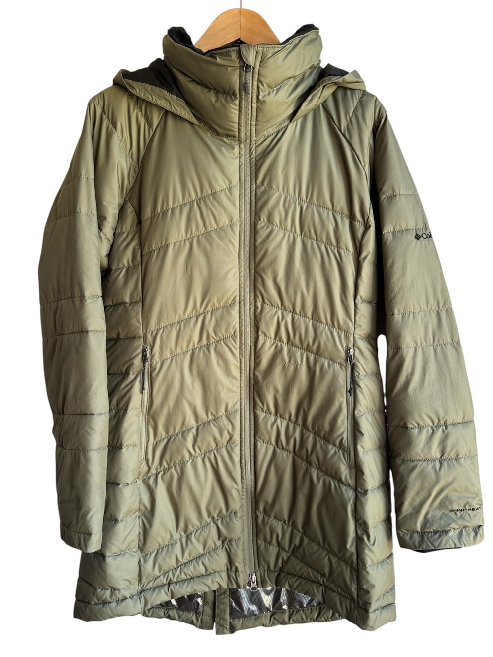 Columbia Longline Winter Coat Womens L Army Green Parka Jacket Hooded Snow Fall